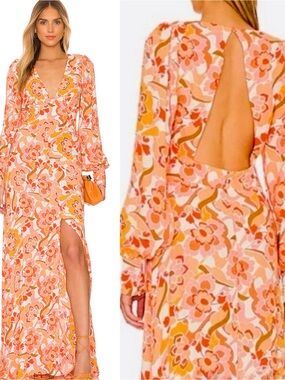 AFRM Shiloh Floral V-Neck Open-Back Maxi Dress Peach & Orange